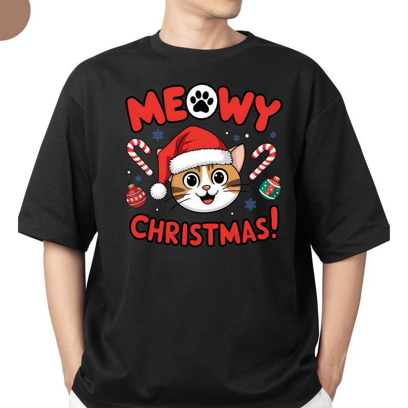 May include: Black t-shirt with a red and white Christmas cat design. The text on the shirt reads "MEOWY CHRISTMAS!"
