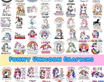 Paquete de más de 60 unicornios divertidos, paquete de unicornios PNG, unicornio lindo, paquete de sublimación, unicornio niña, camiseta de unicornio, citas de unicornio, descarga digital