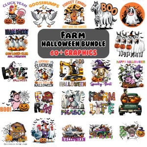 May include: A collection of Halloween-themed farm graphics. The designs include various animals like cows, horses, and pigs, dressed in Halloween costumes. Text includes "Farm Halloween Bundle 60+ Graphics" and other phrases.
