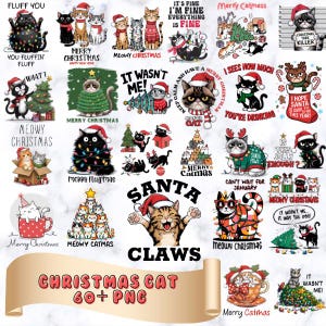 Pacote de gatos de Natal 60+ PNG, amante de gatos PNG, gato engraçado, designs de camisetas de gatos, uso comercial, animais de estimação de Natal png, gato laranja, gato sarcástico