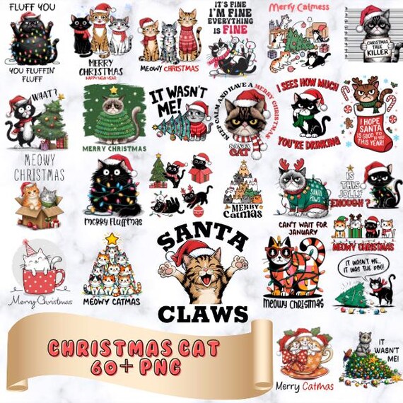 Christmas Cat Bundle 60+ PNG, Cat lover PNG , funny cat, cat T-shirts Designs, Commercial use, Christmas pets png ,orange cat, sarcastic cat