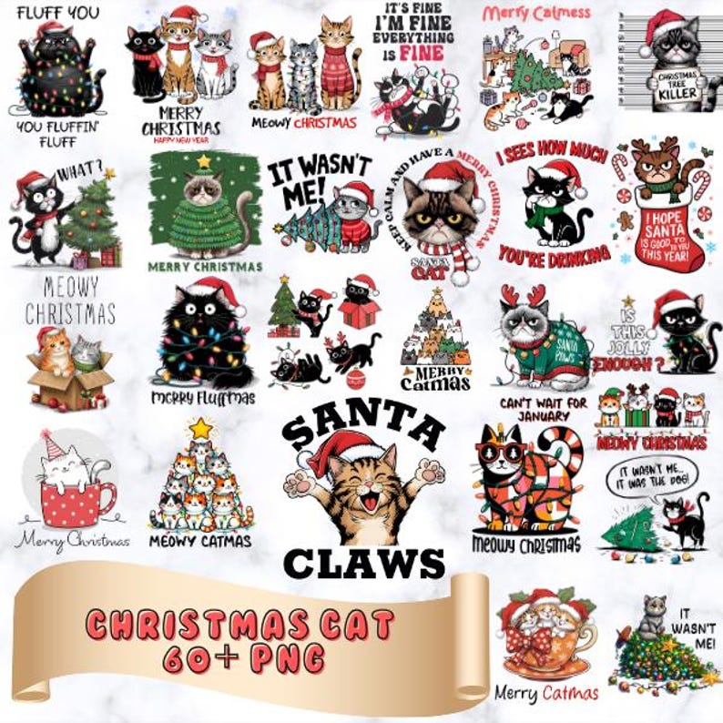 May include: A collection of 60+ digital images featuring cats in various Christmas-themed scenes. The images include cats wearing Santa hats, cats with Christmas lights, cats in Christmas trees, and cats with Christmas presents. The images are perfect for creating Christmas cards, invitations, or other holiday crafts.