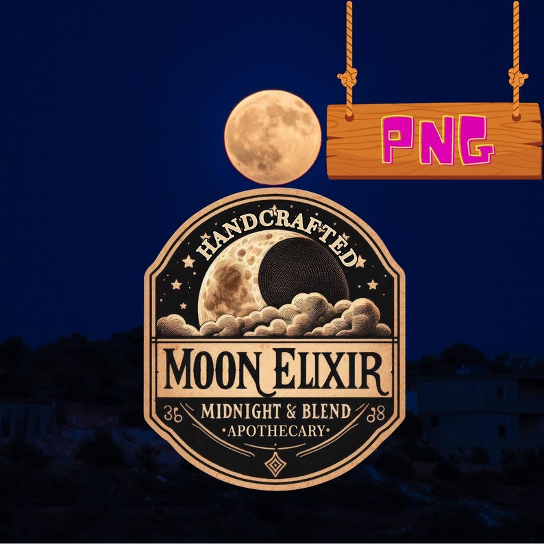 May include: A black and gold logo with the text "HANDCRAFTED MOON ELIXIR MIDNIGHT & BLEND APOTHECARY" and a crescent moon with clouds behind it. The logo is set against a dark blue background with a full moon in the upper center.