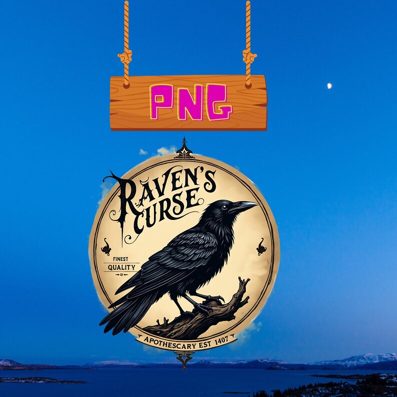May include: A black raven perched on a branch with the text "Raven's Curse" in a circular design. The text "Finest Quality" and "Apothecary Est 1407" are also included in the design.