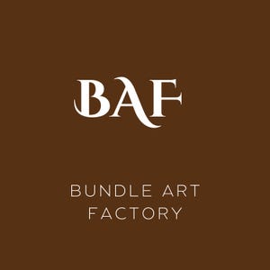 May include: White logo on a brown background. The logo is a stylized "BAF" with a flourish. Below the logo is the text "BUNDLE ART FACTORY".