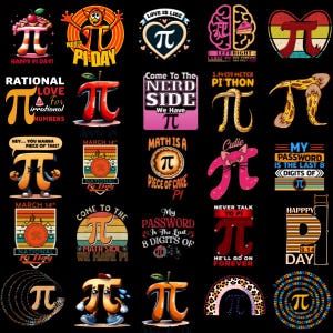 Puede incluir: Una colección de 25 diseños gráficos coloridos con la constante matemática pi. Los diseños incluyen varias ilustraciones, texto y patrones relacionados con pi, las matemáticas y la cultura nerd. Algunos de los diseños presentan el texto "Feliz Día de Pi", "Ven al lado nerd", "Las matemáticas son pan comido" y "Mi contraseña son los últimos 8 dígitos de Pi".
