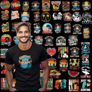May include: A black t-shirt with a colorful graphic design featuring palm trees and the text "Good Vibes Happen in the Tides". The graphic is surrounded by a variety of other colorful graphics with beach and surf themes, including text like "Beach Hair Don't Care", "I'd Rather Be Surfing", and "Hawaii Surf Paradise".