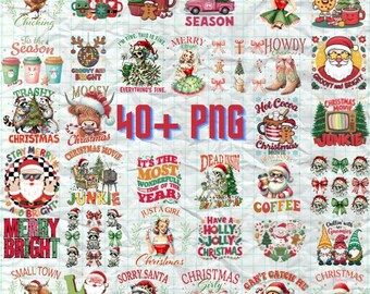 Puede incluir: Una colección de más de 40 diseños digitales navideños con diversas ilustraciones y textos. Los diseños incluyen una variedad de temas, como "Tis the Season", "Merry and Bright", "Christmas Movie Junkie" y "Christmas Girly".