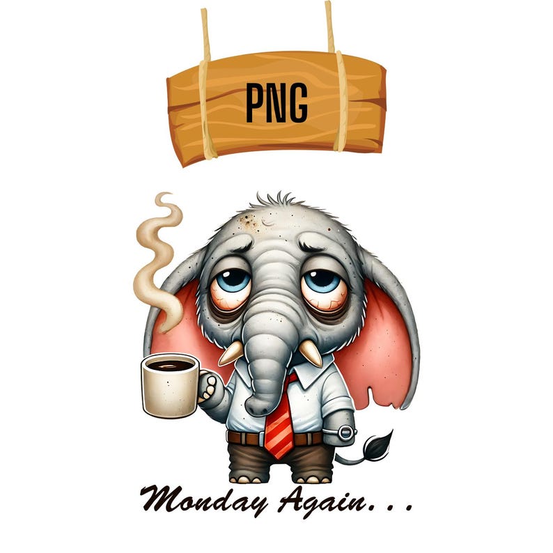 Op de afbeelding: Een cartoonillustratie van een vermoeide olifant die een wit shirt en een rode stropdas draagt en een kopje koffie vasthoudt. De olifant heeft een droevige uitdrukking en is omgeven door stoom. De tekst "Monday Again..." staat onder de olifant.