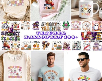 Puede incluir: Una colección de 18 diseños de Halloween para profesores con fantasmas, calabazas y libros. Los diseños son de varios colores, incluyendo negro, blanco, naranja y morado. El texto en los diseños incluye "Spooky Teacher", "Read More Boo Books", "Making Books Bootiful" y "You Can't Scare Me I'm a Teacher".