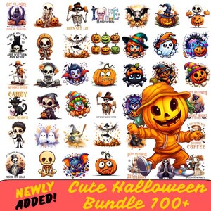 May include: A digital download bundle of over 100 cute Halloween-themed illustrations featuring pumpkins, ghosts, skeletons, witches, and other spooky characters. The text "NEWLY ADDED! Cute Halloween Bundle 100+ " is at the bottom of the image.