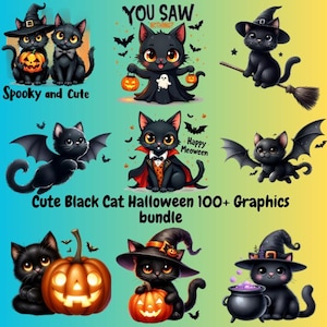 May include: A set of 100+ cute black cat Halloween graphics featuring various poses and costumes, including a witch, vampire, and bat. The graphics are perfect for creating digital or printed designs.