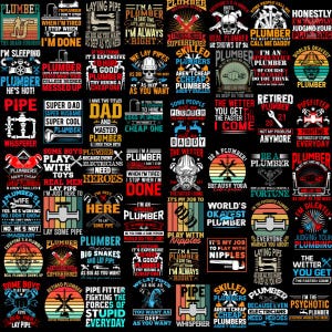 May include: A black background with a variety of colorful designs and text related to the plumbing profession. The text includes phrases like "I'm a plumber", "Super Dad", "World's Okayest Plumber", and "Lay Some Pipe".