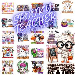 May include: A collection of 100+ spooky teacher themed digital clipart images. The images feature ghosts, pumpkins, brains, and other Halloween imagery. The text "Spooky Teacher" is written in a large, bold font across the top of the image.