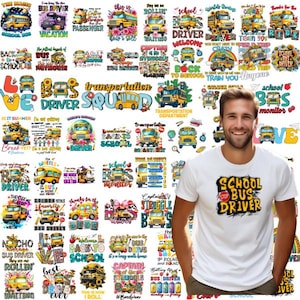 Puede incluir: Una colección de diseños gráficos coloridos con autobuses escolares, con texto como "School Bus Driver", "Captain of the Struggle Bus" y "Back to School".