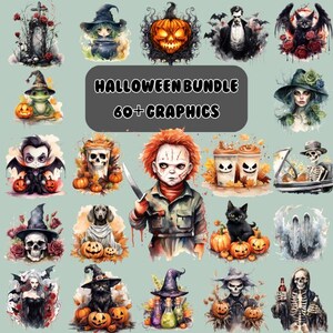 May include: A digital clip art bundle of 60+ Halloween themed graphics. The graphics are in a watercolor style and feature various spooky and cute characters, including pumpkins, ghosts, witches, bats, and skeletons. The graphics are perfect for creating Halloween-themed projects, such as invitations, cards, party decorations, and more.