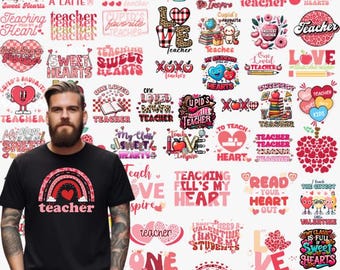 May include: A collection of 30 Valentine's Day themed teacher appreciation designs. The designs feature hearts, rainbows, and text such as "One Loved Teacher", "Teaching Fills My Heart", and "Sweet Hearts".