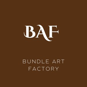 May include: White logo on a brown background. The logo is a stylized "BAF" with a flourish. Below the logo is the text "BUNDLE ART FACTORY".
