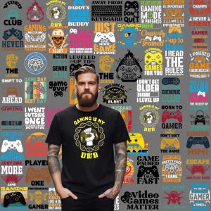 Gamingbundel 200+ png's, gamershirt png, fan videogames png, gamercitaten png, grappige gaming-graphics png, sublimatieafbeeldingen, gesneden bestand