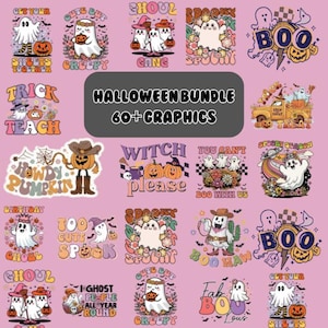 May include: A digital download of 60+ Halloween graphics featuring cute ghosts, pumpkins, and spooky sayings. The graphics are in a retro style with bright colors and playful fonts. The text "Halloween Bundle 60+ Graphics" is displayed in a large, bold font.