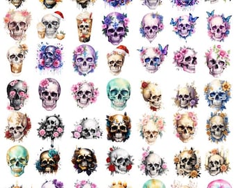 Puede incluir: Una colección de 48 imágenes de clipart digital que presentan diseños de calaveras coloridas con acentos florales. Las calaveras se representan en varias poses y estilos, con flores y otros elementos decorativos.