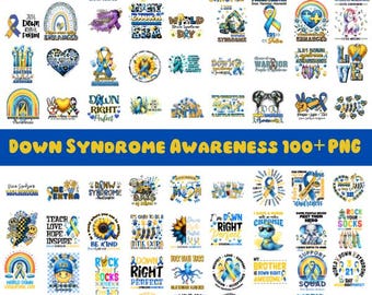 May include: A collection of 48 digital designs featuring colorful graphics and text related to Down Syndrome awareness. The designs include rainbows, butterflies, sunflowers, and the iconic blue and yellow ribbon. The text includes phrases like "Down Right Perfect", "World Down Syndrome Day", and "Rock Your Socks".
