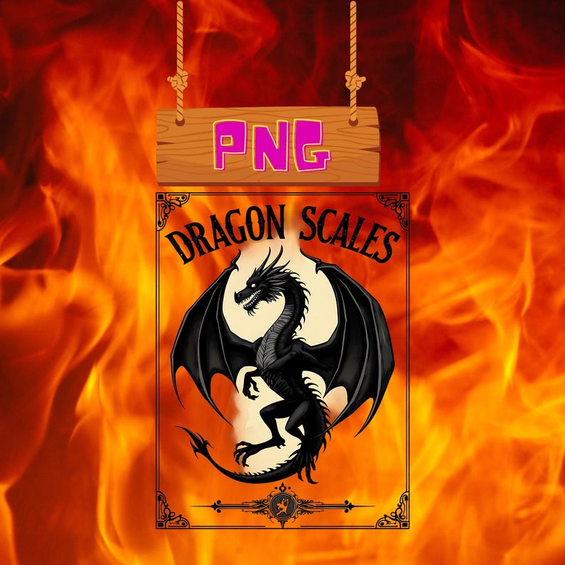 May include: Black dragon with wings spread, standing on a white background. The dragon has a fierce expression and sharp claws. The image is framed with a decorative border and the text "Dragon Scales" is written above the dragon.