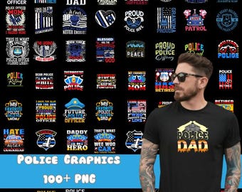Peut inclure: Une collection de plus de 100 designs graphiques sur le thème de la police au format PNG. Les designs présentent divers slogans, symboles et images liés aux policiers, notamment "Police Dad", "Proud Police Wife", "Future Police Officer" et "I Support Police Officers".
