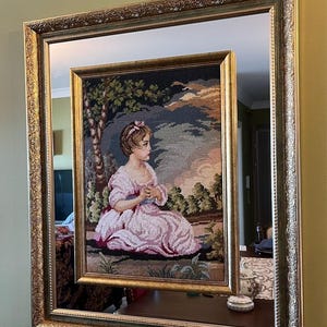Handcrafted Gobelin Wall Art – Little Girl in Pink Dress with Imported Mirrored Frame