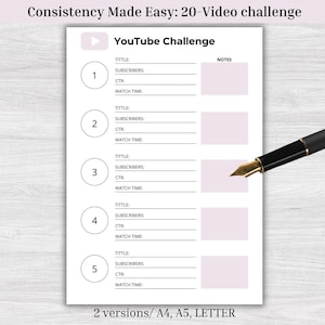 YouTube Challenge Planner, Video Tracker, YouTube Growth Planner, Subscriber Tracker, YouTube Studio Tools, Digital YouTube Planner, A4, A5