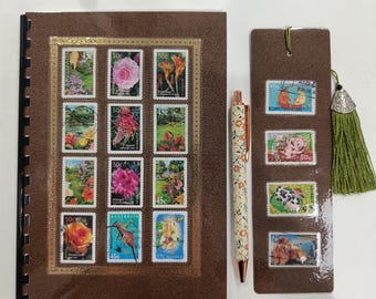 Handmade notebook with real stamps + pencil & bookmark | Unique notebook, handmade stationery, original gift
