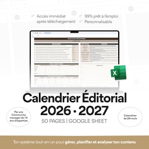 Puede incluir: Una plantilla de calendario editorial digital para 2026 y 2027 mostrada en la pantalla de una computadora portátil. La hoja de cálculo incluye secciones para objetivos anuales, pilares de contenido y análisis de rendimiento.