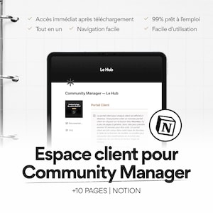 Modèle minimaliste portail client Notion | Gestionnaire de communauté Template Notion | Modèle espace client Notion | Espace collaboratif CM