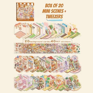 20 Mini-Designed 3D Isometric Kawaii Landscaping Sticker Scenes packaged in a box. Made from reusable, waterproof PET material.