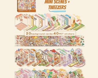 20 Mini-Designed 3D Isometric Kawaii Landscaping Sticker Scenes packaged in a box. Made from reusable, waterproof PET material.