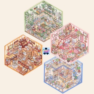May include: Three illustrated hexagonal shops with different themes. The first shop is a bakery with a light brown exterior and a striped awning. The second shop is a flower shop with a green exterior and a striped awning. The third shop is a pink and white shop with a striped awning. Each shop has a variety of items for sale, including pastries, flowers, and toys.