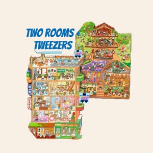 May include: A colorful illustration of a multi-level house with many rooms and characters. The house is divided into two sections, with the top section showing a treehouse and the bottom section showing a traditional house. The illustration is titled "TWO ROOMS + TWEEZERS".