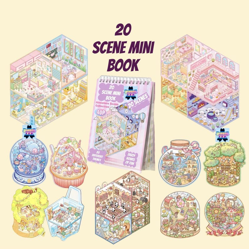 May include: A set of 20 miniature scene mini books with 20 different themes. The books are pink and white with illustrations of various scenes. The text on the cover reads "20 Scene Mini Book Miniature Scene Collection 40P 20 Different Themes Enjoy Hours of Fun 20 Scenes".