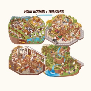 May include: Four illustrated rooms with a cartoon theme. Each room has a different theme: a farm, a kitchen, a bakery, and a forest. The rooms are connected by a path and have various cartoon characters and objects.