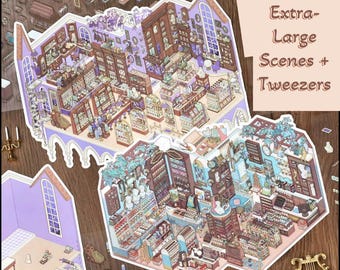 2 (3D) 11 x 8 Extra Large Isometric Kawaii Landscaping Sticker Scene Rooms. Reusable Stacking Waterproof PET Materials.