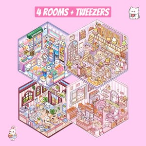 May include: Four miniature rooms with different themes, including a grocery store, a kitchen, a bakery, and a cafe. Each room is filled with tiny details and characters, creating a whimsical and charming scene. The image also includes the text "4 ROOMS + TWEEZERS".