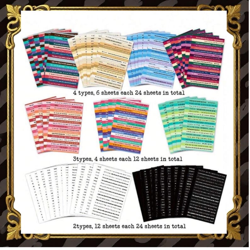 May include: A collection of colorful sticker sheets with text, arranged in stacks. The image includes text indicating the number of types, sheets per type, and total sheets. The stickers feature various color schemes and patterns.