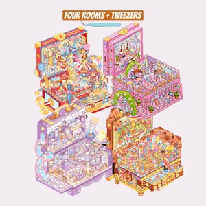 May include: Four colorful, detailed miniature rooms, each with a different theme, are arranged in a square. The rooms are made of wood and have intricate details, including furniture, decorations, and characters. The rooms are labeled "Happy Circus", "Music Room", "Starry Night", and "Sweet Treats".