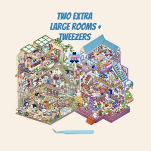 May include: A colorful illustration of two connected houses with many rooms and details. The text "TWO EXTRA LARGE ROOMS + TWEEZERS" is at the top of the image. A pair of blue tweezers is at the bottom of the image.