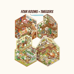 May include: Four rooms, each with a different theme, are connected by staircases. The rooms are decorated with furniture, plants, and animals. The text "FOUR ROOMS + TWEEZERS" is at the top of the image.