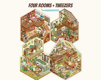 4 (3D) DIY 8.1 x 4.7 Isometric Kawaii Sticker Scene Rooms: (4) Bookstore, Loft, Studio, and Station. Reusable Waterproof PET Material.