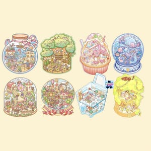 May include: Eight colorful illustrations of miniature scenes inside glass domes, jars, and other containers. Each scene features a different theme, including a treehouse, a carousel, a shop, and a beach.