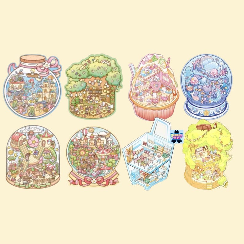 May include: Eight colorful illustrations of miniature scenes inside glass domes, jars, and other containers. Each scene features a different theme, including a treehouse, a carousel, a shop, and a beach.