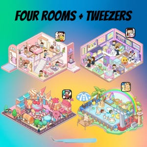 May include: Four colorful rooms with miniature people and furniture. The rooms include a pink bedroom, a blue and pink arcade, a candy shop, and a pool with a rainbow.