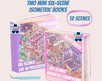 Two (6) Mini-Designed 5.9 x5.1 (3D) Kawaii Isometric Landscaping Scene Books. Waterproof PET Materials.